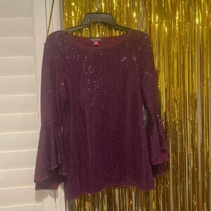 Vince Camuto Scoop Neckline Sequin Long Bell Sleeve Plum Purple Blouse Medium